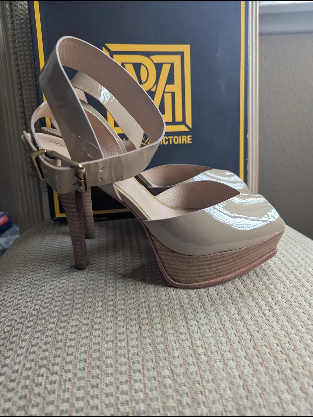 Pour La Victoire Beige Patent Platform Sandal with Ankle Strap